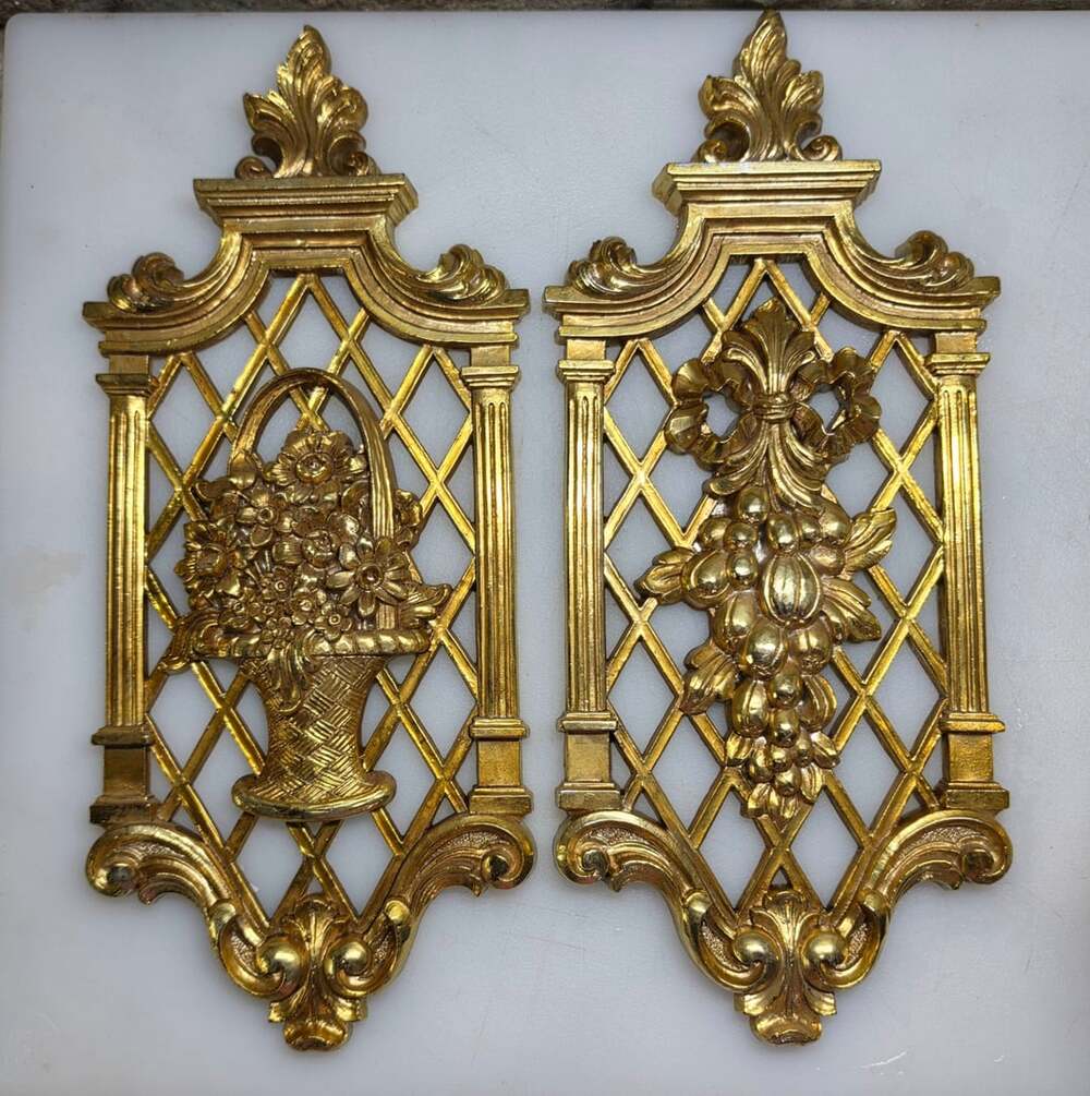 Dart Ind Vintage Gold Wall Plaques Fruit Basket And Grapes 7212